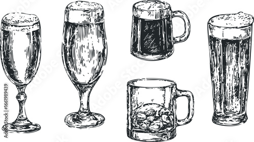 Five Hand Drawn Glasses Filled With Beverage and Foamy Head