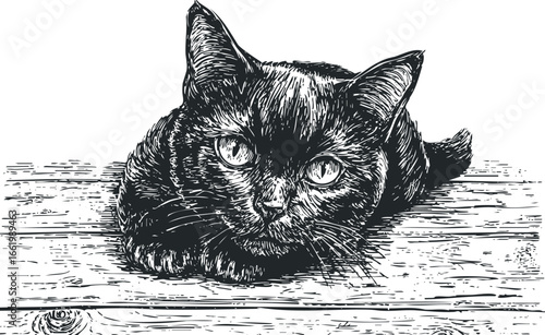 Detailed sketch of a black cat resting on a wooden surface