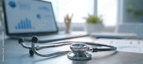 The stethoscope resting on a modern medical office desk amidst healthcare tools.