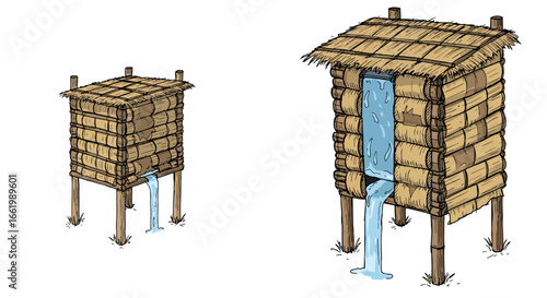Bamboo water huts with cascading waterfalls in rustic style
