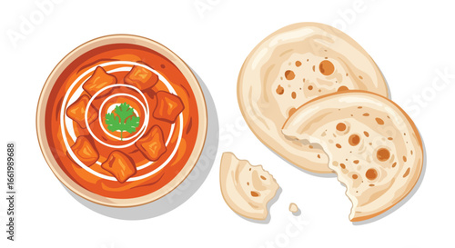 Delicious paneer butter masala with soft naan bread flat lay presentation perfect for culinary blog or restaurant menu creation