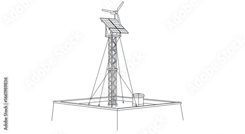Renewable energy tower with solar panel and wind turbine line drawing