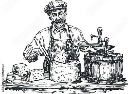 Man with mustache preparing cheese using a tool and machine