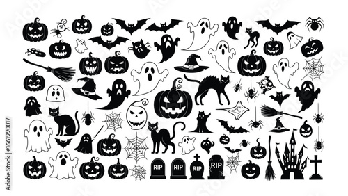 Halloween Silhouettes: A collection of iconic Halloween elements arranged in a visually engaging way. The artwork showcases the spooky spirit of Halloween.