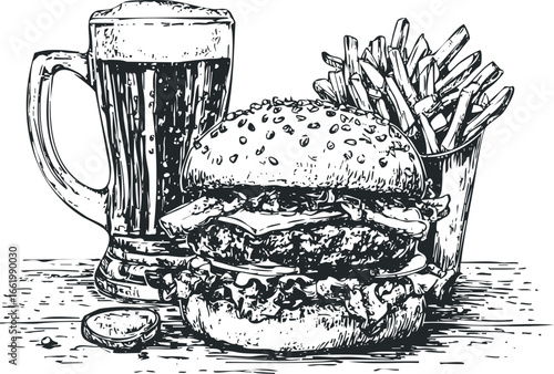 Classic Burger and Fries with Beer in a Frosted Mug