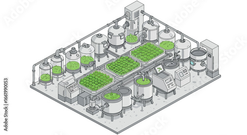 Isometric greenhouse laboratory with bioreactors and cultivated plants