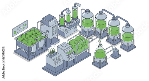 Isometric biofuel production plant with algae processing tanks and equipment