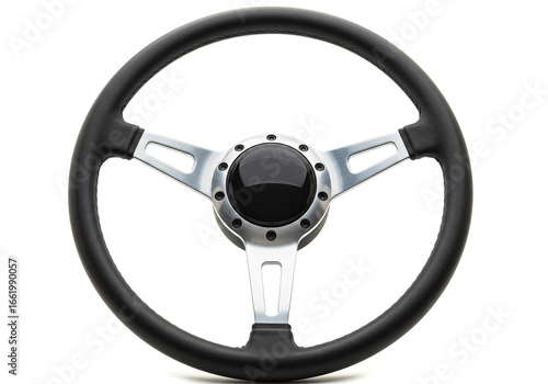 Black and Metallic Three-Spoke Steering Wheel with Bolt-Accented Hub Isolated on White