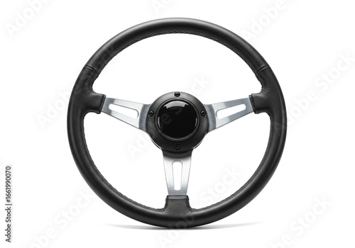 Modern Black Steering Wheel with Silver Spokes Isolated on White Background