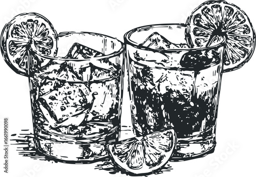 Two refreshing beverages with ice and citrus slices rendered in a sketchy style