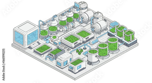 Modern isometric algae production facility with advanced bioreactors and tanks