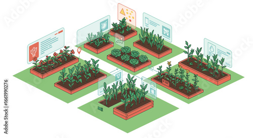 Smart farming technology in a modern isometric garden with digital monitoring