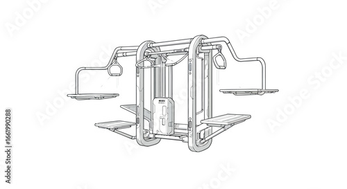 Gym equipment line art: detailed linear design of multi-station fitness machine