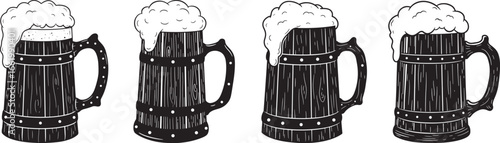 Four dark beer mugs filled with frothy foam silhouette isolated on white background