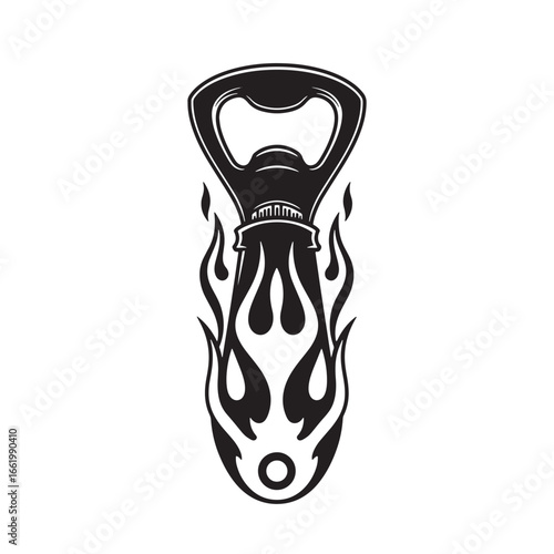 A black and white illustration of a bottle opener with flame tattoo designs