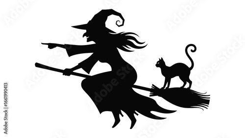 Enchanting Halloween Silhouette: A shadowy silhouette depicts a witch riding a broom with her black cat against a mystical background. This image captures the essence of Halloween.