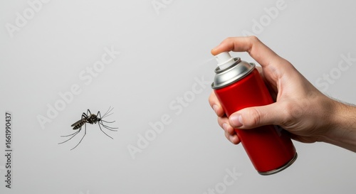 Targeted Pest Control - Hand Aims a Bright Red Aerosol Spray Can at a Single Mosquito.