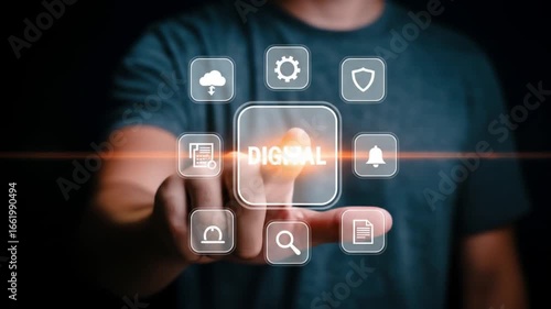 Man Touching a Glowing Digital Button on a Virtual Interface with Cloud, Security, and System Icons
