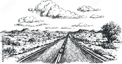 Long Open Road Through Desert Landscape with Mountains and Clouds