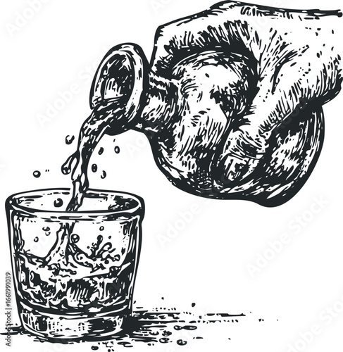 Hand pouring liquid into glass with ice cubes