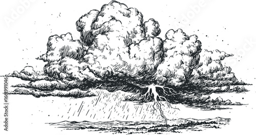 Stormy sky with thunder and heavy rain over a landscape