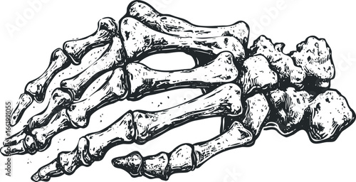Black and white line art graphic of human hand bones articulated