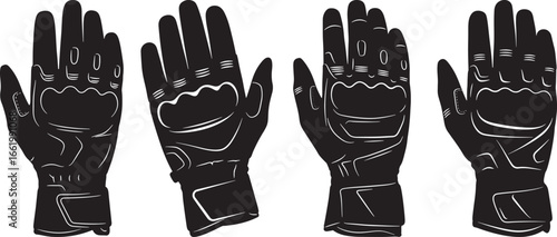 Four black motorcycle gloves in a row detailed design isolated on white background silhouette
