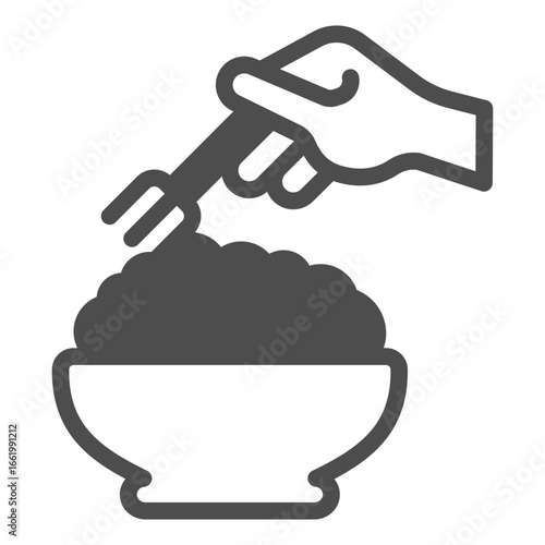 Plate of porridge and hand with fork solid icon, athlete diet food concept. Vector graphics. Porridge dish for body mass sign on white background, glyph style icon for mobile or web design.