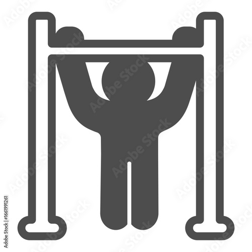 Man at horizontal bar solid icon, body building concept. Vector graphics. Athlete man pull up exercise for arms, training sign on white background, glyph style icon of mobile or web design.
