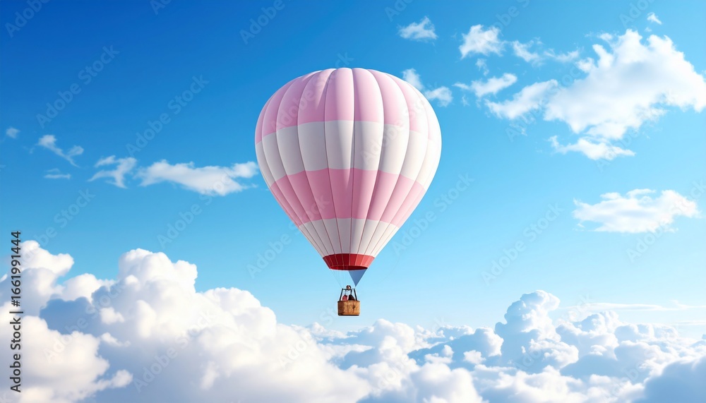 Naklejka premium Pink and white hot air balloon soaring through a bright, cloudy, blue sky