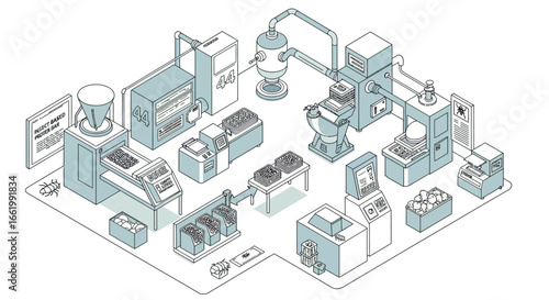 Isometric cybersecurity factory system with automated data processing equipment