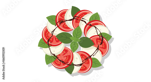 Caprese Salad Wreath with Balsamic Glaze, Fresh Basil and Sliced Tomatoes, A Culinary Harmony of Italian Flavors Displayed with Artistic Precision