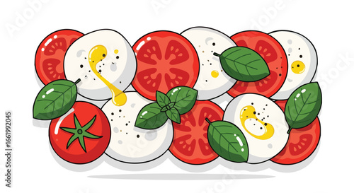 Delightful Caprese Salad Illustration: A Vibrant depiction of the Italian classic with tomatoes, mozzarella and basil
