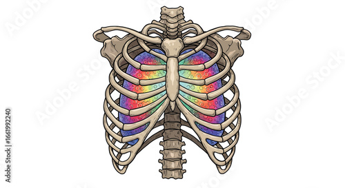 Anatomical rib cage with vivid colorful heart highlight in detailed medical style