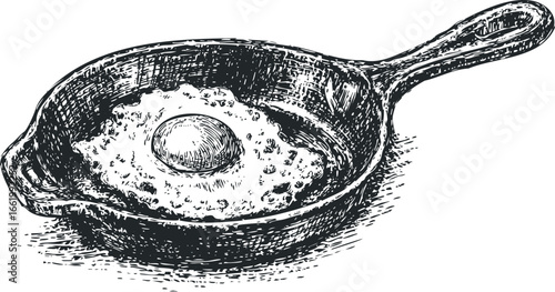 Hand-drawn sketch of a fried egg cooking in a cast iron skillet