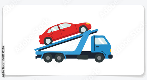 Illustration depicting roadside assistance with a vehicle being towed on a flatbed tow truck on a white background offering assistance to motorists