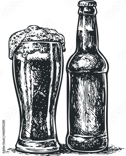 Glass and Bottle of Refreshing Beer with Overflowing Foam