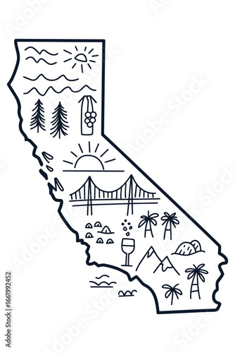 Minimalist Black and White California Map with Ocean Waves, Pine Trees, Sun, Wine, Golden Gate Bridge, Mountains, Palm and Desert Plants