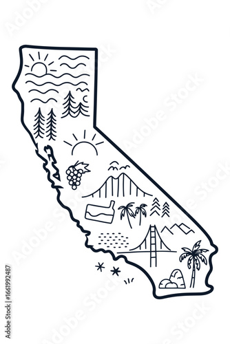Minimalist Black and White California Map with Ocean Waves, Pine Trees, Sun, Wine, Golden Gate Bridge, Mountains, Palm and Desert Plants