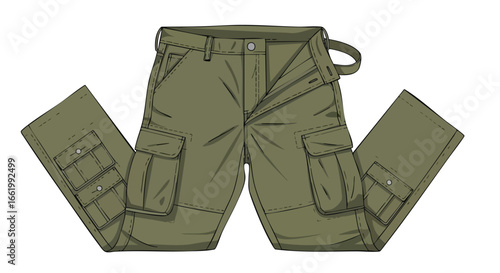 Illustration of khaki cargo pants with multiple pockets and button closures on a white background