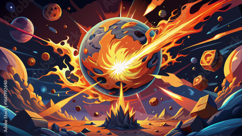 Fiery celestial bodies collide with a planet, cosmic energy bursts, radiant firestorms engulf skies, glowing fragments scatter, surreal vision unfolds, luminous horizon burns, infinite cosmos trembles