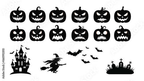 Halloween Silhouettes: A collection of Halloween themed silhouettes including carved pumpkin faces, a haunted castle, a witch on a broomstick, bats in flight and tombstones.