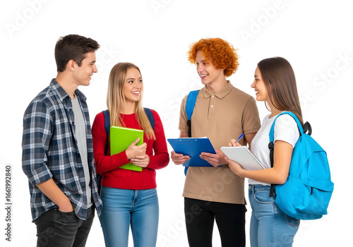 Four enthusiastic young students collaborating on a group project, exchanging ideas and fostering strong teamwork while preparing for academic success in a dynamic educational environment.