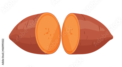 Halved Sweet Potato Illustration on White Background Showcasing Vivid Orange Interior and Rustic Brown Exterior Depicting Freshness and Nutritional