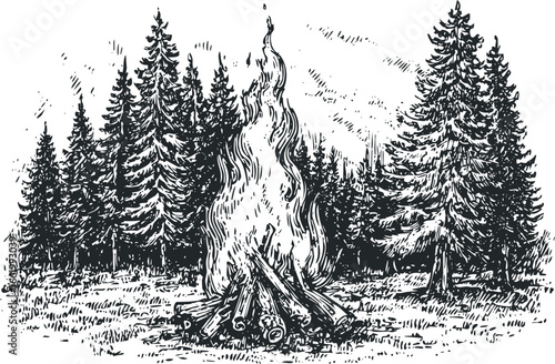 Campfire glowing in a dense forest clearing surrounded by pine trees