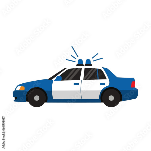 A blue and white police car with flashing blue lights and sirens, depicted in a side profile.