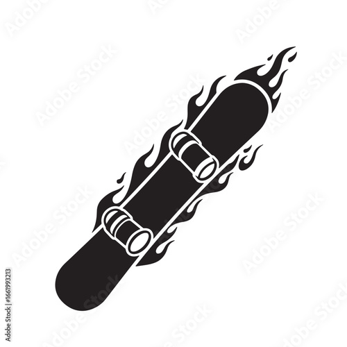 Black and white illustration of a snowboard with flames for action and winter sports
