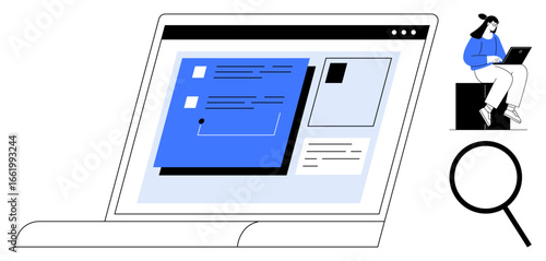 Laptop screen displaying organized information, a woman working on a laptop, and a magnifying glass. Ideal for research, productivity, remote work, analysis, focus creativity innovation. Simple