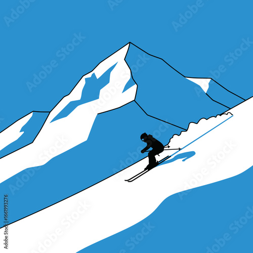 A graphic illustration of a skier descending a snowy mountain slope under a clear blue sky.