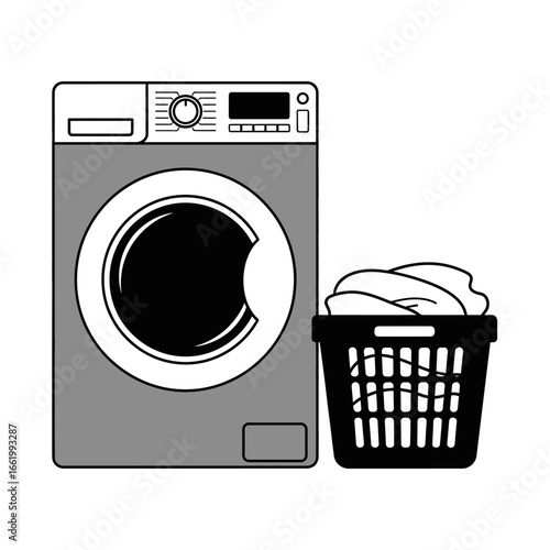 A black and white illustration of a front-loading washing machine next to a full laundry basket.